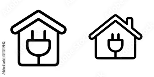A house icon with a plug, outlined in black, is a symbol for smart homes, energy efficiency, and systems of renewable electricity, and it has an editable stroke