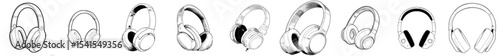 A minimalist black and white outline of over-ear headphones conveys a sleek and modern design for audio equipment