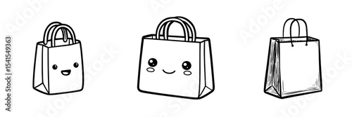 A simple illustration of a shopping bag featuring two handles is set against a white backdrop, rendered in basic black and white lines