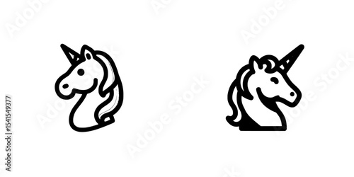 A minimalist icon of a unicorn is shown in black and white, featuring the mythical horse-like creature with a single horn in side view on a simple background