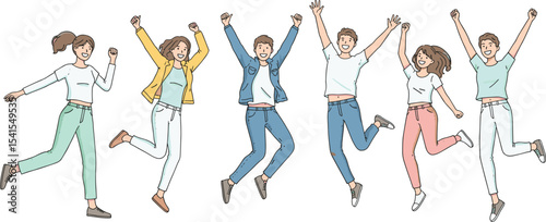 Excited diverse young friends jumping together, celebrating success and happiness, embodying joy and freedom, expressing cheerful energy and teamwork, isolated white background.