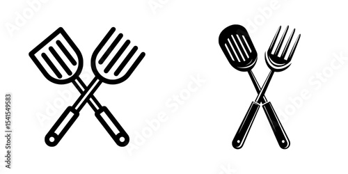 A modern icon featuring a crossed frying spatula and fork, symbolizing BBQ or grill tools, is represented as a barbecue sign with a black silhouette isolated on a white background, ideal for