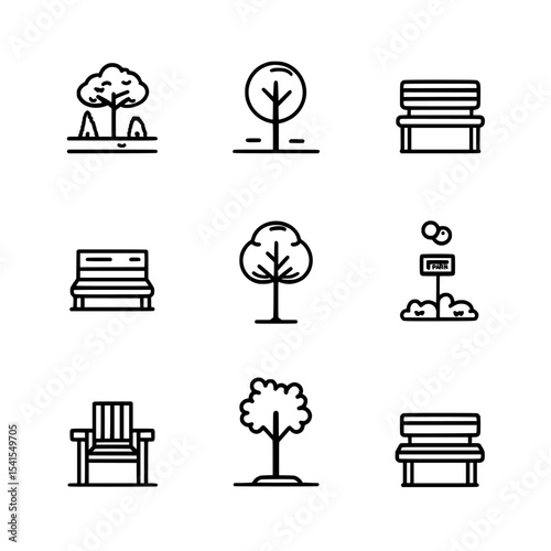 The Park Icon Set features a minimalist garden park design with a chair and tree, presented as an open space black glyph icon, along with a public park scene that includes a bench to sit
