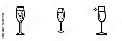 Champagne glass icon represents a symbol of alcohol and is often found on cocktail drink menus featuring modern glass designs and illustrations