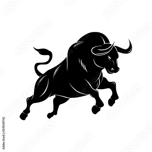An illustration of a black bull silhouette is utilized as a financial icon, standing out against a white background, and presents a modern depiction of an angry, running bull, which is a type of