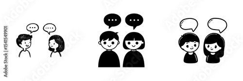 A minimalist black icon depicting two individuals engaged in conversation with speech bubbles