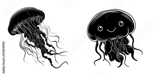 The illustration features a fat jellyfish in a modern black and white silhouette
