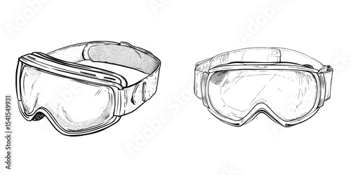 Ski goggles with a reflective lens depicted in black and white line art