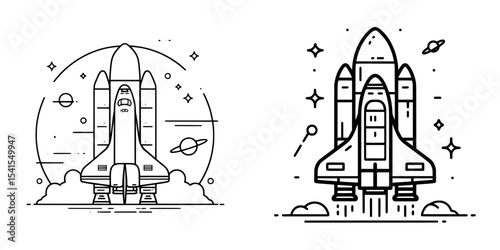 The illustration is a modern depiction of a space shuttle icon in outline style, with an editable stroke