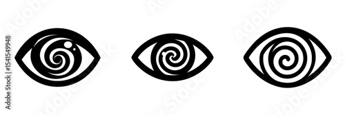 A black and white symbol of an eye containing a spiral signifying dizziness visual impairment hypnosis or disorientation