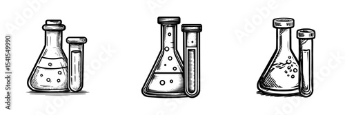An icon of a black and white laboratory flask and test tube symbolizes scientific research, chemistry, and medical experiments