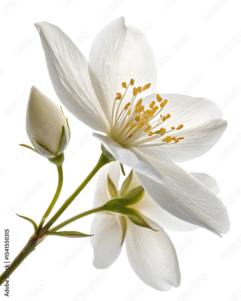 Fototapeta premium Blooming jasmine flowers, isolated on white background.