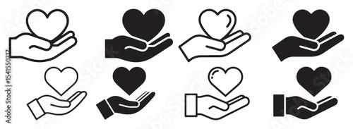Helping Hands Holding Hearts Charity Icons Set Graphic Design Elements for Websites and Applications
