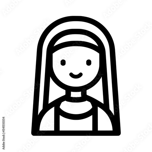 The nun icon, presented in flat design, features a two-tone color palette of white and black, suitable for various digital platforms