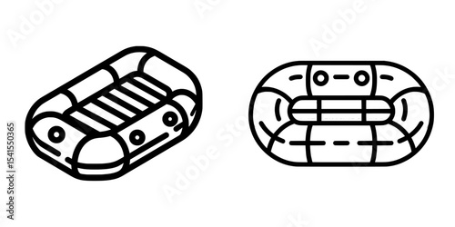 The rubber raft collection includes a modern flat icon of a rubber raft in white and black colors suitable for web and mobile applications