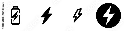 A modern charge icon, characterized by a simple thunderbolt design, is represented in a high-quality black style, symbolizing a battery charge indicator