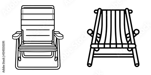 A white and black beach chair line icon is available from a collection of beach chair icons suitable for web, mobile apps, and UI