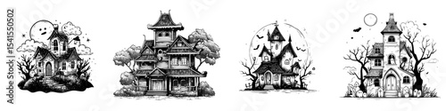 Image of a spooky Halloween house standing alone on a white backdrop