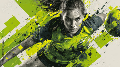 A high-resolution graphic design poster showcasing a powerful young female volleyball player in a dynamic action pose. Generative AI