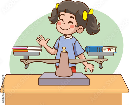 little children uses scales to measure the weight of different objects