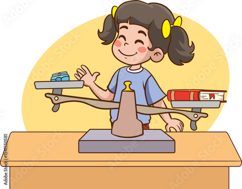 little children uses scales to measure the weight of different objects