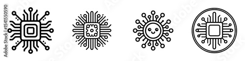 Modern illustration representing a semiconductor line icon, including a semiconductor device like an integrated circuit, chip, or microprocessor