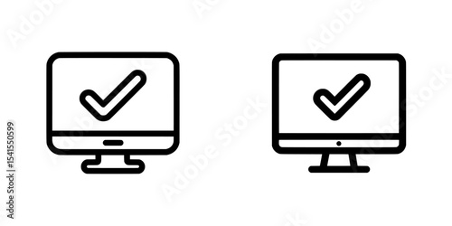 Simple flat design pictogram of a black single monitor with a check mark line icon, symbolizing a successful system process, suitable for use as a modern app logo, web button, or ui ux interface