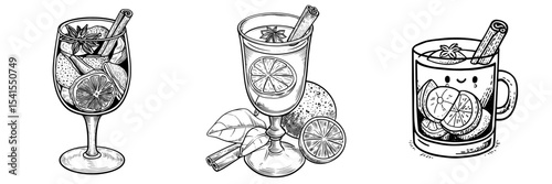 A doodle-style illustration of mulled wine, complete with citrus fruits and a cinnamon stick, is depicted
