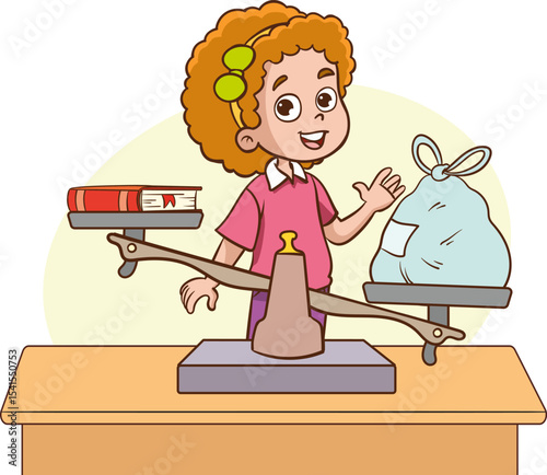 little children uses scales to measure the weight of different objects