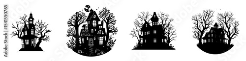 A spooky icon of Halloween house with haunted silhouette and trees is depicted in a modern style