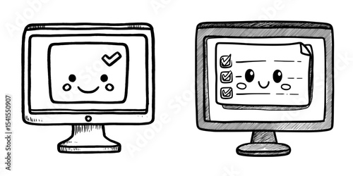Image of a desktop computer monitor in black outline with a checklist icon