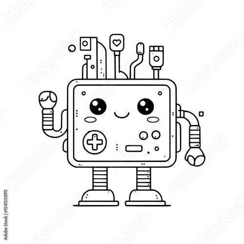 The mechanism incorporates electronics and the introduction of digital technologies in industry, depicted as a modern linear icon isolated on a white background