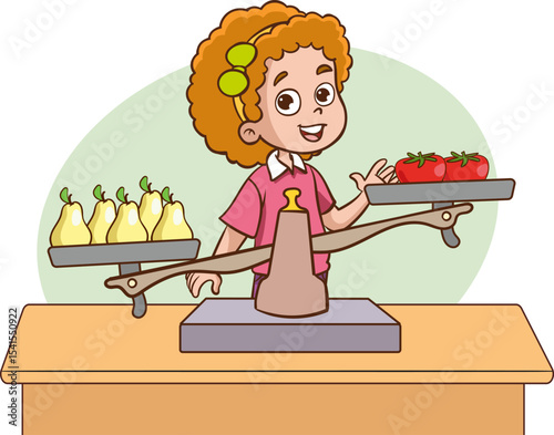 little children uses scales to measure the weight of different objects