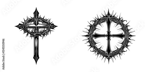 Black silhouette featuring a Christian cross and a crown of thorns icon