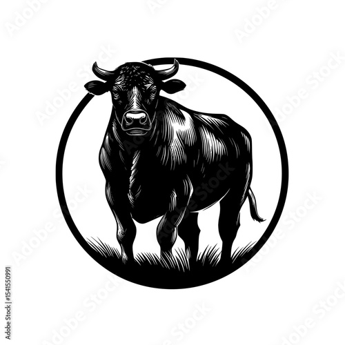 The logo for Black Angus Cattle is a modern illustration of a great bull, shown standing, in the form of a silhouette, set in a farm scene