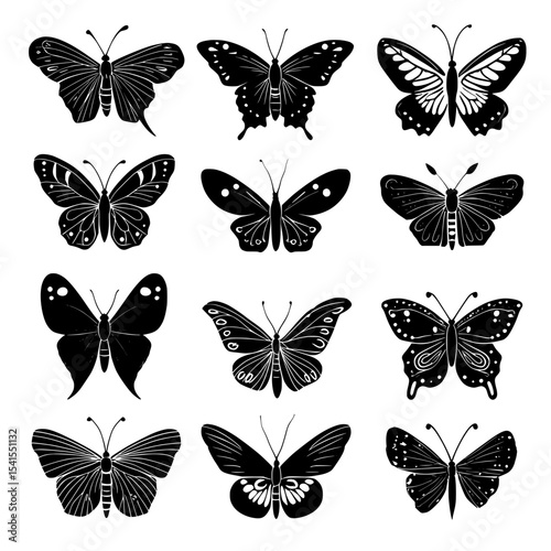 A flat icon drawing of butterflies in black silhouette is presented, along with modern, isolated butterflies on a transparent background, intended for graphic design, beauty, web, and mobile app use