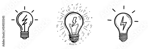 A modern light bulb with lightning is shown, including an idea for editing a linear icon, representing electric light bulb ecology, modern energy from electricity, and an outlined light bulb with
