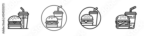 Fast Food Unhealthy Diet Icon. Modern Linear Illustration of Burger and Soda, Representing Poor Dietary Choices and Health Risks. Isolated Outline Sign