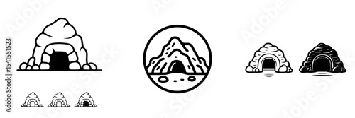 Modern illustration of cave icon in different styles, including stone cave frame and entrance to stone cave, along with old cave in rock and various cave icons