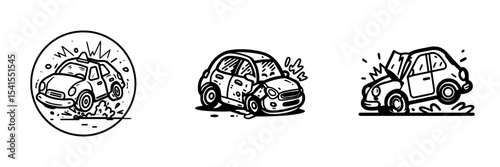 Black and white linear logo mark of a car side crash icon