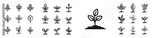 The icons include a leaf, tree, and flower silhouette in a sketch style, along with a green plant and seedling growing in the soil, represented in black flat glyphs