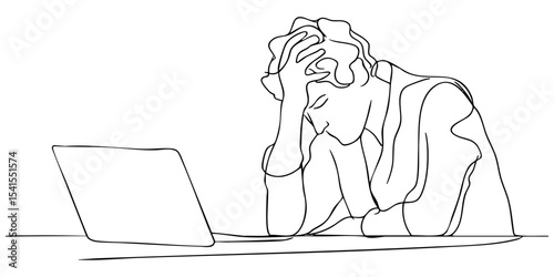Struggling individual seated at desk with laptop, feeling overwhelmed with stress