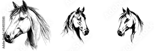 The image features a modern illustration of a horse's head created in black ink drawing style, presented as a silhouette on a white background, alongside a black sketched drawing