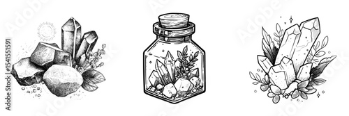 The sketch is made from organic resin and features a modern crystallized resin icon, accompanied by hand-drawn elements of perfumery, cosmetics, apothecary, and witchcraft ingredients