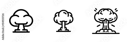 A modern line symbol for a Nuclear Bomb is depicted through bold line art and icon design, featuring a black and white color scheme that adheres to a pixel-perfect standard, presented as a