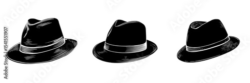 The black silhouette of a classic fedora hat features a stylish brim and a distinctive crease