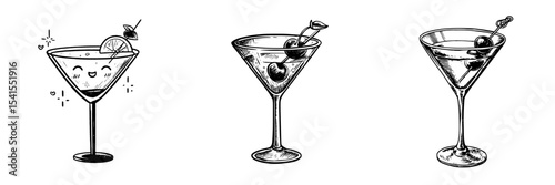 Illustration of a cocktail in a martini glass with garnish, depicted in simple black and white