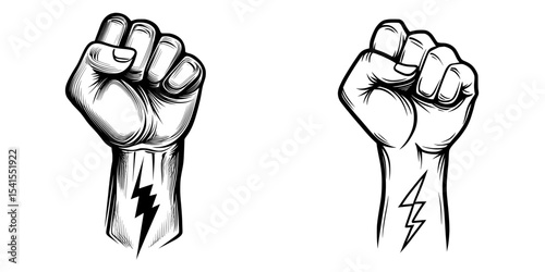 Modern illustration of a clenched fist raised up, symbolizing protest with lightning, for the anti-discrimination movement and human rights equality
