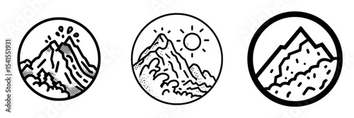 The design of a modern landslide icon symbolizes a mountain hill and rockfall, serving as a warning sign for natural disasters