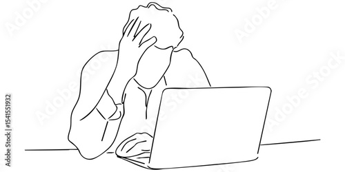 Frustrated individual struggling with laptop in a minimalist workspace during daytime